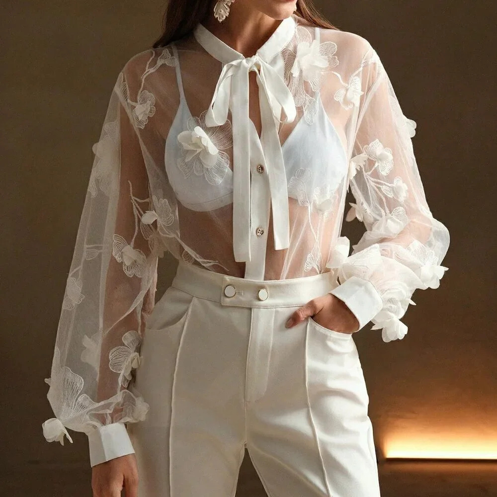 White Sexy Women's See-Through Embroidered Shirt